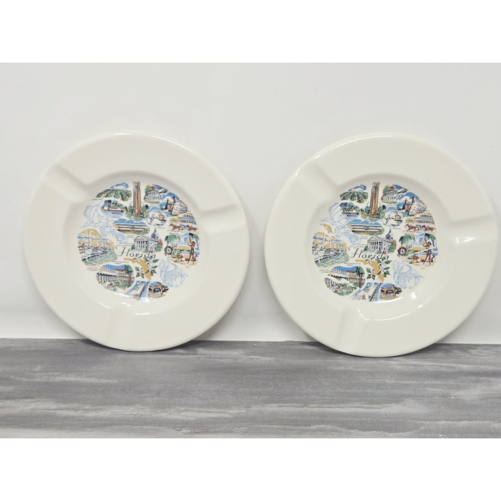 Vintage Pair‎ Of Florida State Souvenir Ashtray Trinket Dish 6"x 6 " USA Ceramic